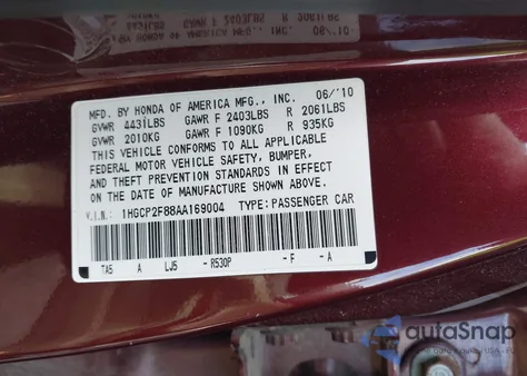 2010 Honda Accord 2.4 Ex-L from USA, damaged, VIN 1HGCP2F88AA169004